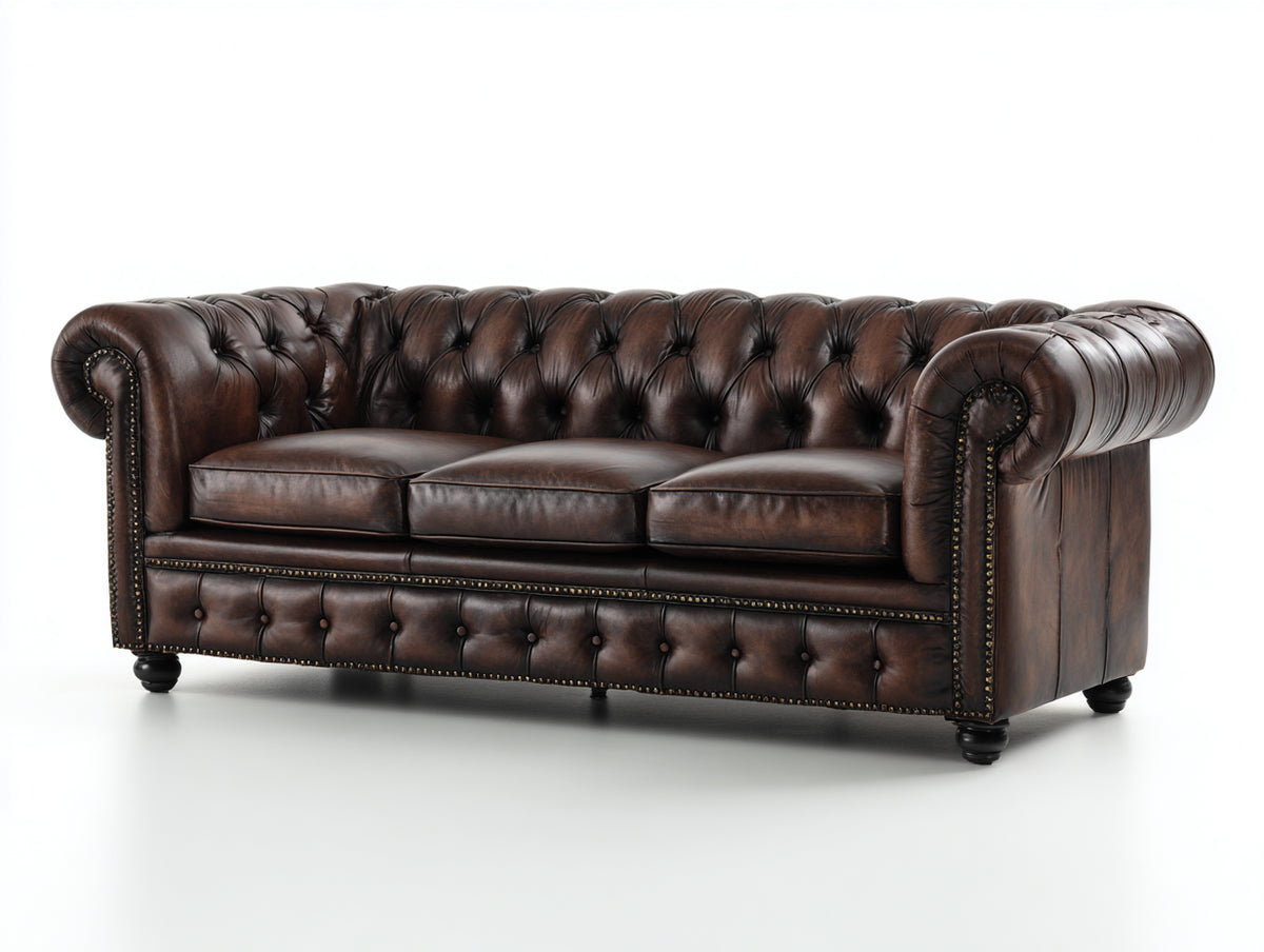 Gerades Sofa aus Kunstleder 220x90x85 cm Braun - klassisches 3-Sitzer Sofa mit Chesterfield Design für Wohnzimmer