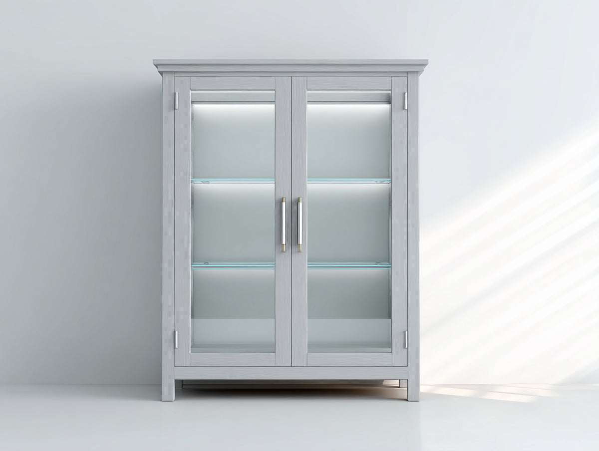 Vitrinen Schrank aus Holzwerkstoff und Glas 120 x 42 x 160 cm - Weiß - klassisches Design mit 2 Glastüren