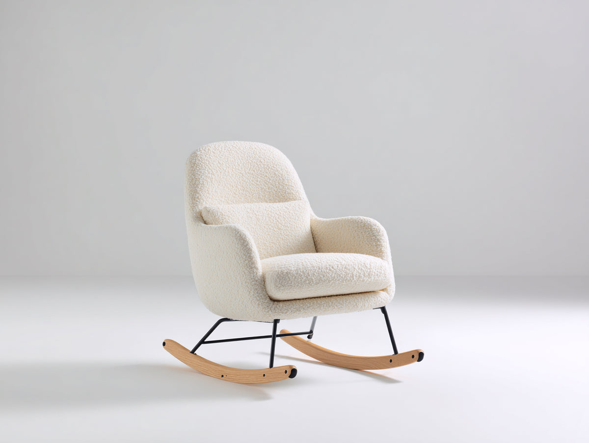 Schaukelstühle Polsterstuhl mit Bouclé Bezug 82 x 92 x 98 cm - Cremeweiß - modernes Design mit Holz Kufen