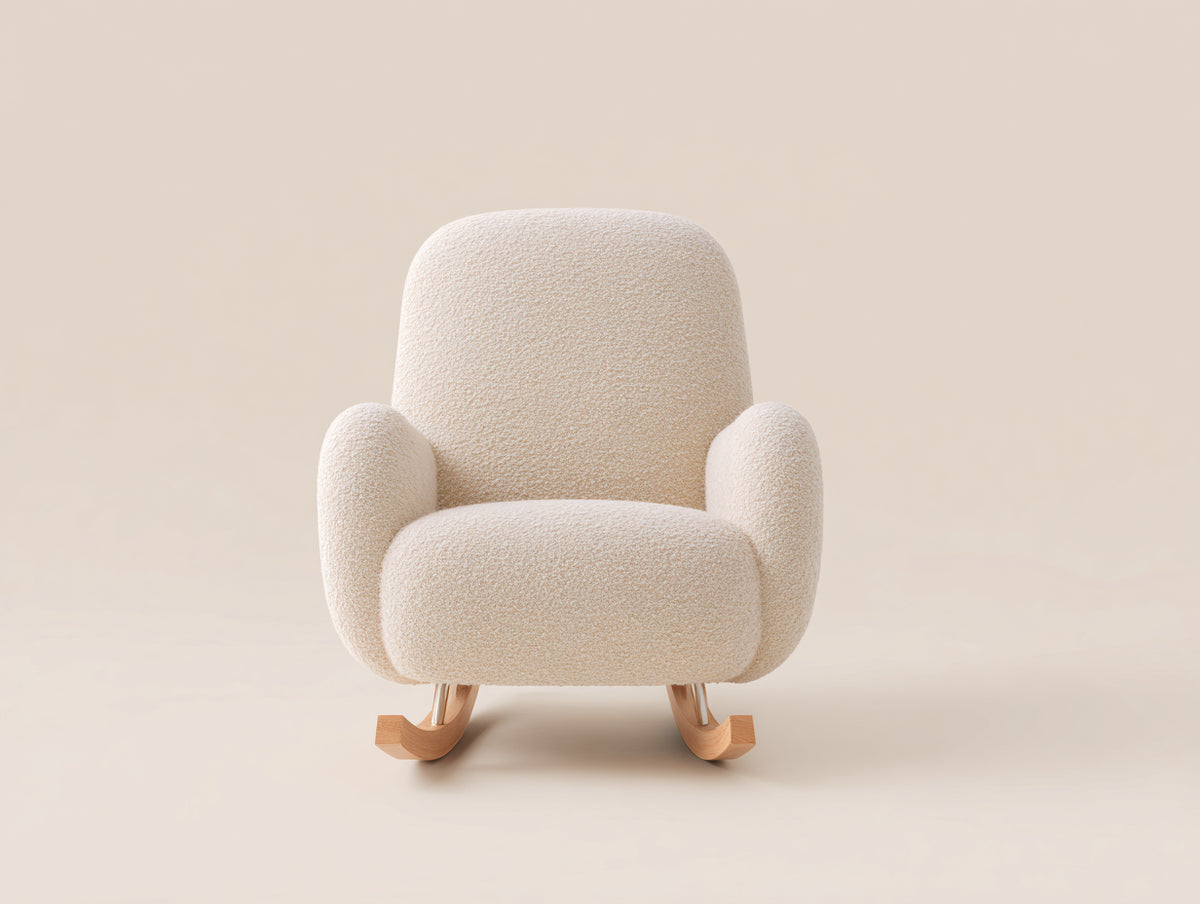 Schaukelstühle Bouclé 78x88x96 cm - Cremeweiß-Naturholz - Gepolsterter Schaukelstuhl mit hohen Armlehnen und Holzkufen