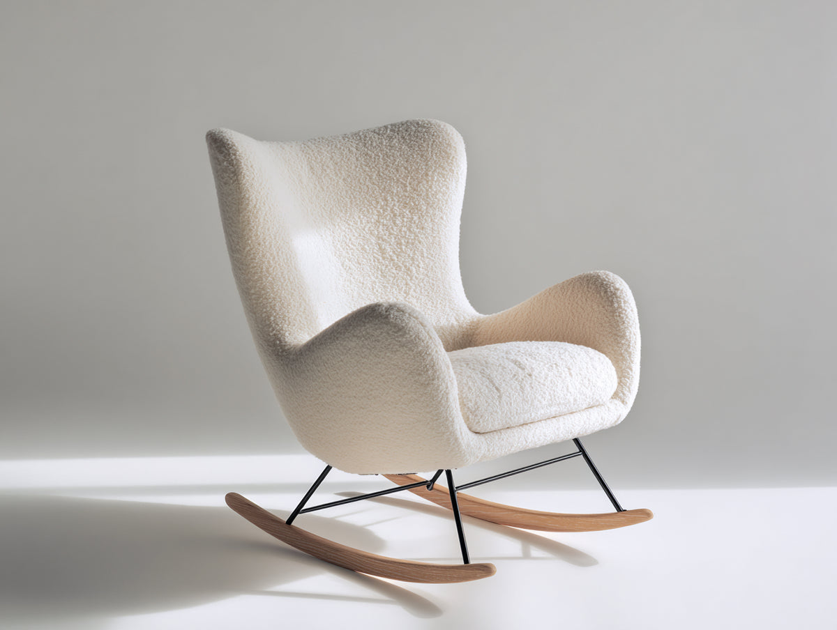 Schaukelstühle aus Bouclé Stoff und Metall 86x90x100 cm - Cremeweiß - modernes Design mit Holz Kufen
