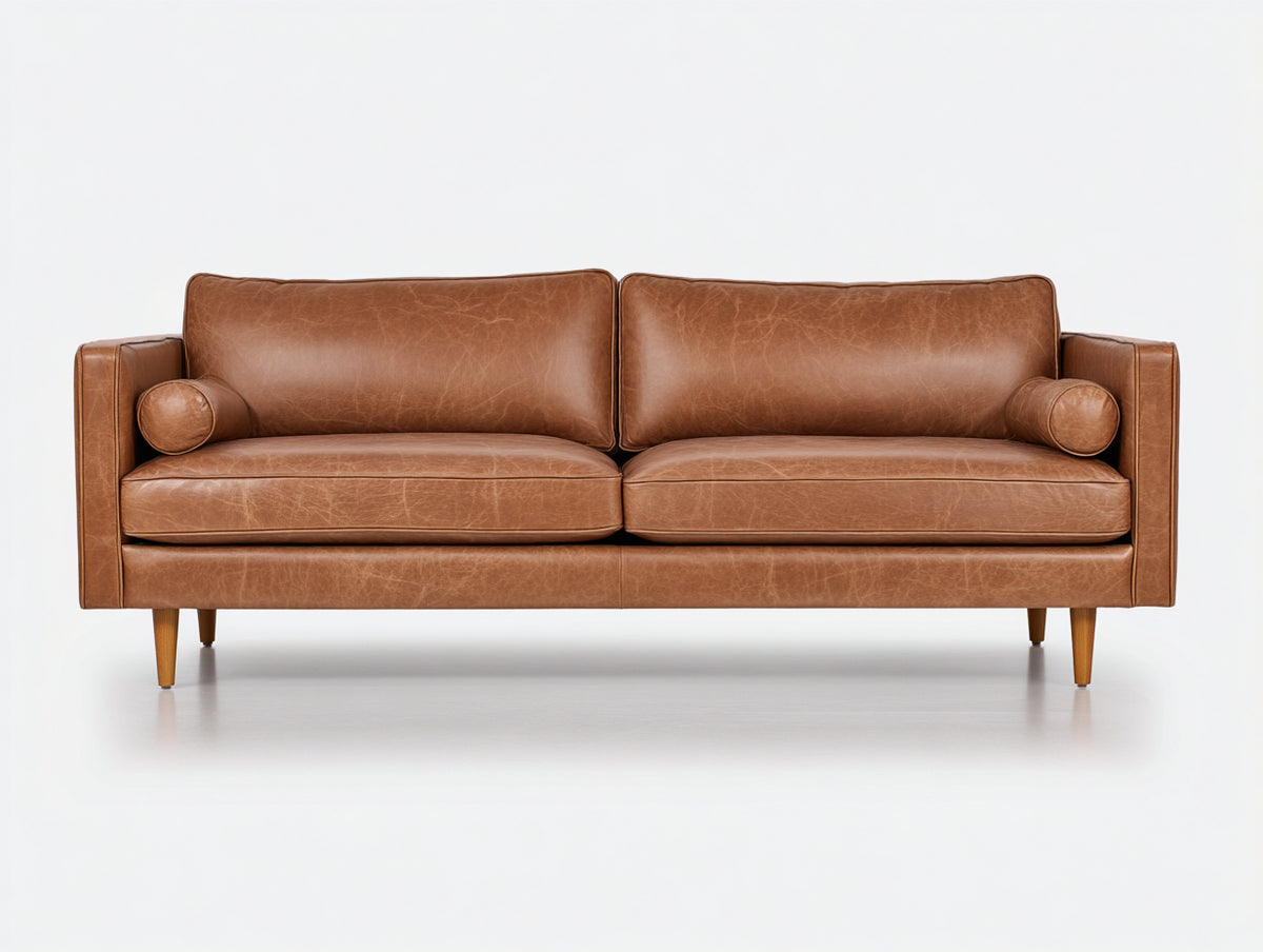 Gerades Sofa Leder 215x90x82 cm - Cognacbraun - Dreisitziges Sofa mit breiten Armlehnen und schlanken Holzfüßen