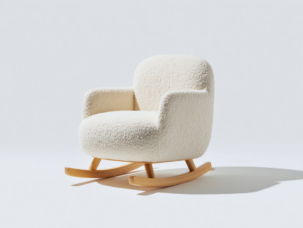 Schaukelstühle Bouclé 78x86x84 cm - Cremeweiß-Naturholz - Gepolsterter Schaukelstuhl mit breiten Armlehnen und Holzkufen
