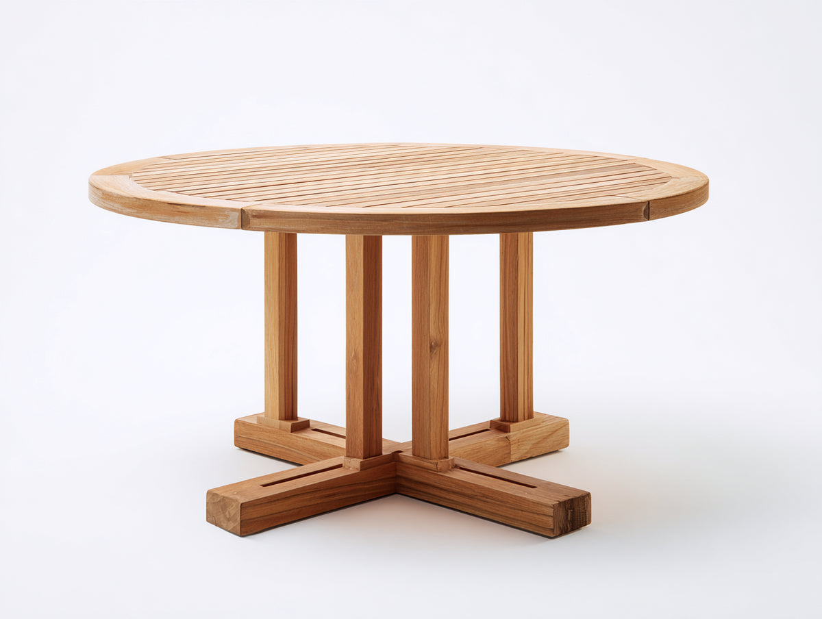 Gartentisch Holz 120x120x75 cm - Naturholz - Runder Gartentisch mit Lamellenplatte und Kreuzfußgestell