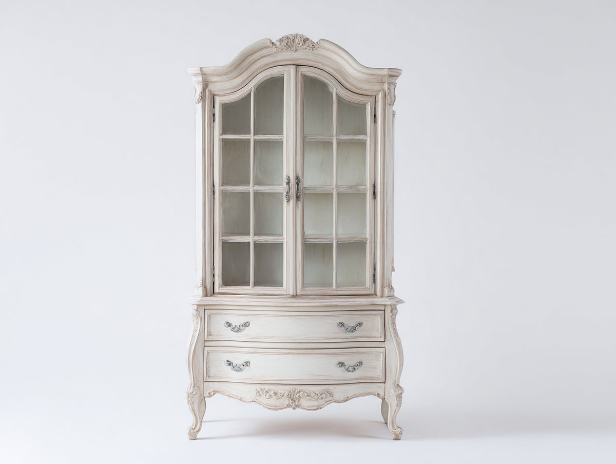 Vitrinen Schrank aus Holz und Glas 100x40x200 cm Weiß - klassische Vitrine mit Glastüren und Schubladen