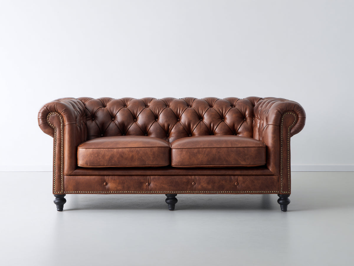 Gerades Sofa 2-Sitzer mit Bezug in Lederoptik 185 x 92 x 78 cm - Braun - Chesterfield Stil mit Knopfheftung