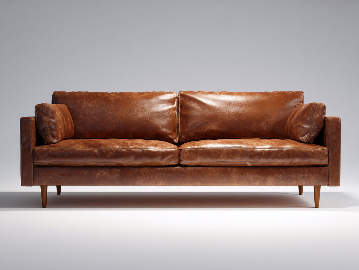 Gerades Sofa Leder 218x92x82 cm - Cognacbraun - Dreisitziges Sofa mit breiten Armlehnen und schlanken Holzfüßen