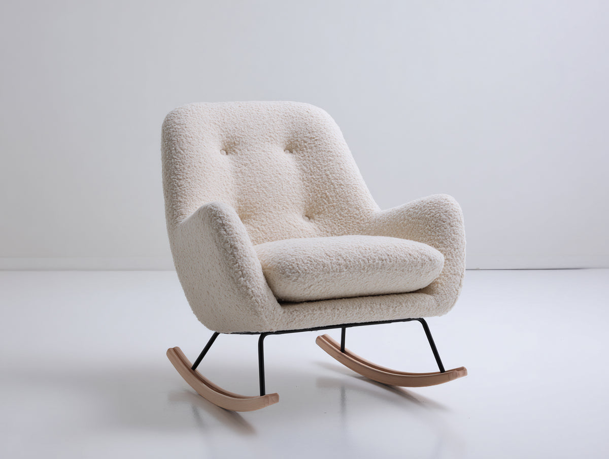 Schaukelstühle aus Bouclé Stoff und Metall 88x92x98 cm - Cremeweiß - modernes Design mit Holz Kufen