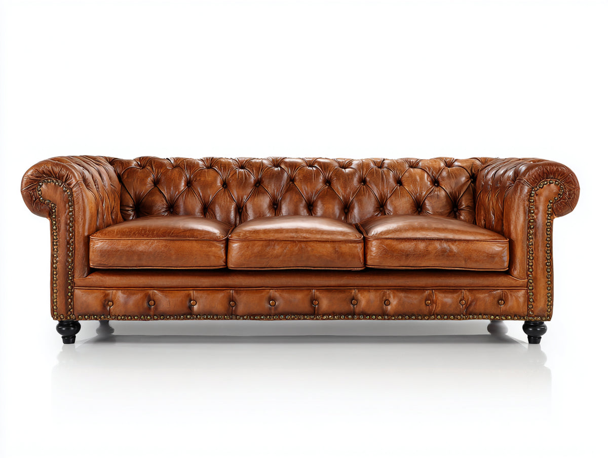 Gerades Sofa Leder 225x92x78 cm - Cognacbraun - Dreisitziges Chesterfield Sofa mit Knopfheftung und gerollten Armlehnen