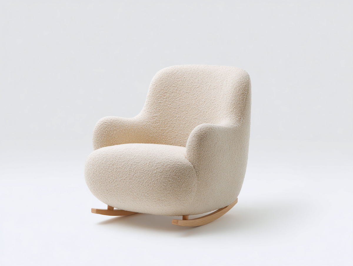 Schaukelstühle Bouclé Sessel mit Holzgestell 85 x 95 x 95 cm - Cremeweiß - moderner Komfort mit Schaukelfunktion