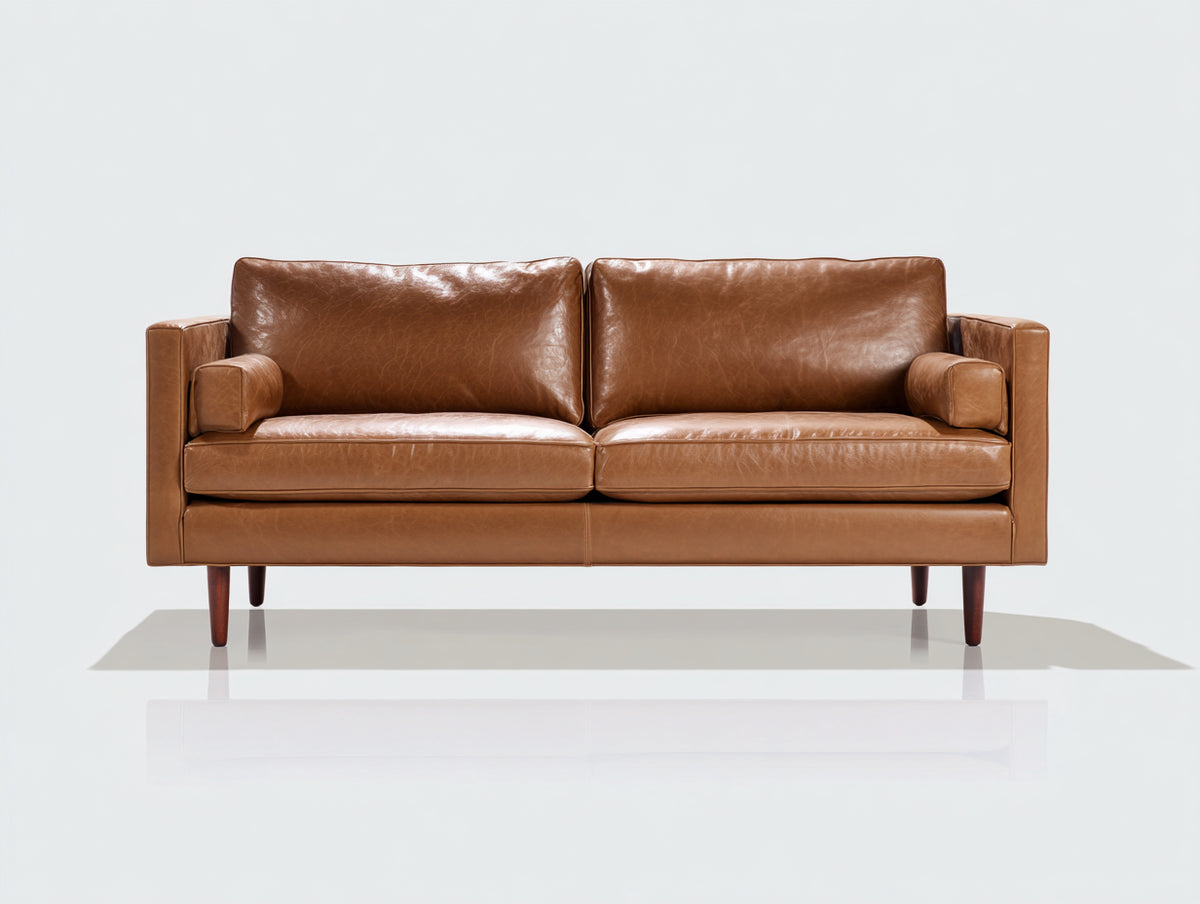 Gerades Sofa 2-Sitzer mit Bezug in Lederoptik 190 x 90 x 82 cm - Cognacbraun - modernes Design mit schlanken Holzfüßen