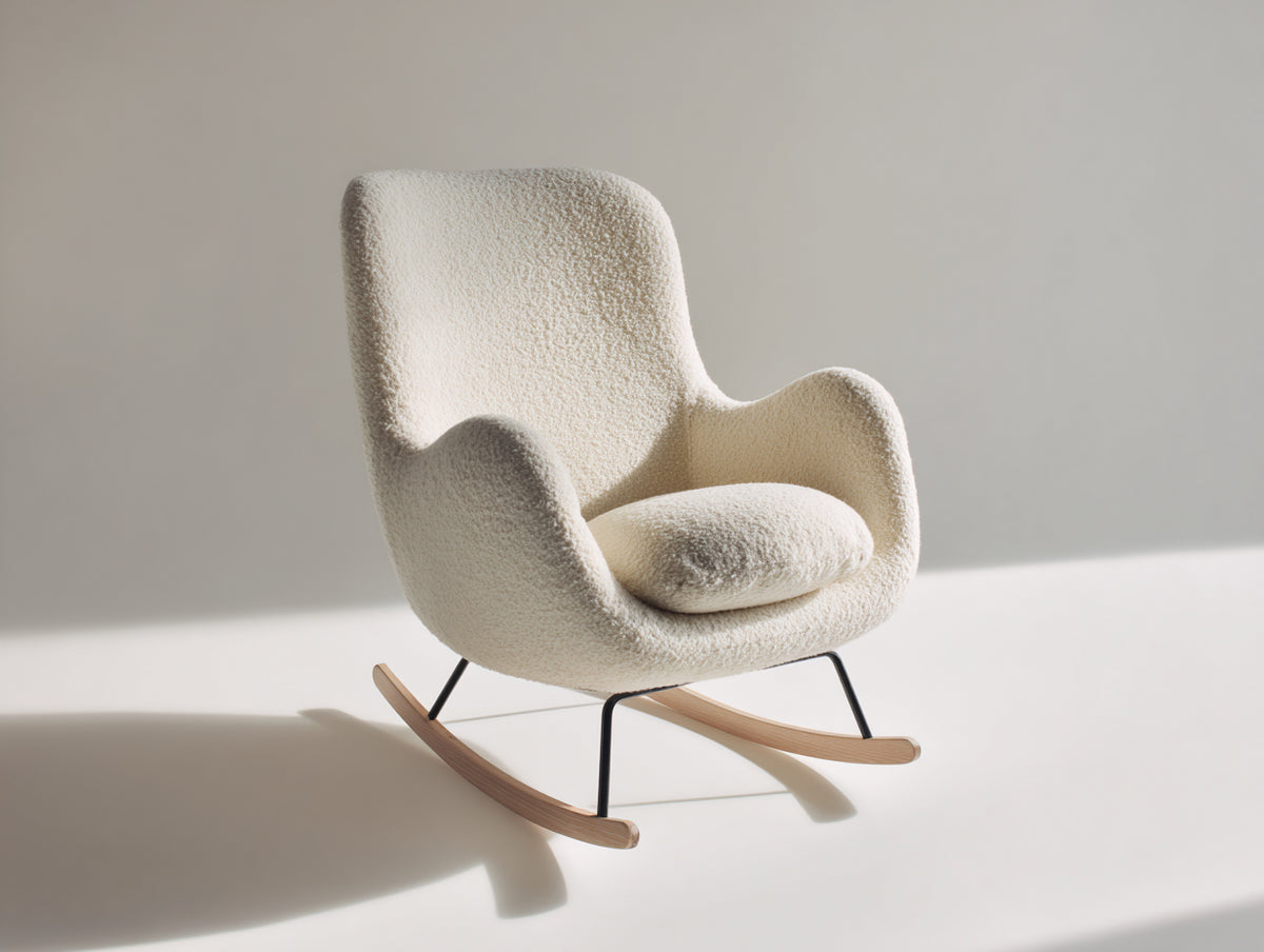 Schaukelstühle Bouclé Stoff 82 x 80 x 92 cm - Cremeweiß - Modernes Design mit Holzschaukelfüßen und weicher Sitzpolsterung