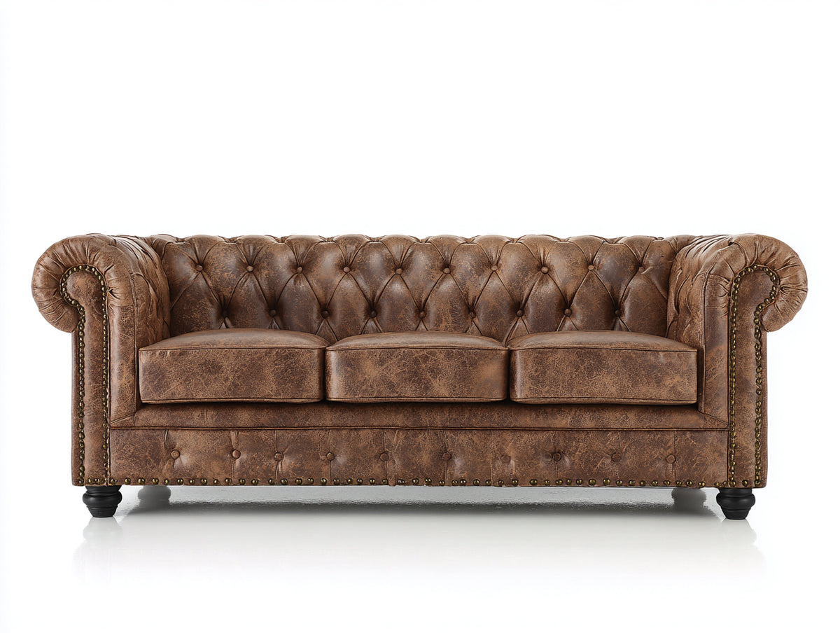 Gerades Sofa 3-Sitzer mit Bezug in Lederoptik 230 x 96 x 80 cm - Braun - Chesterfield Stil mit Knopfheftung